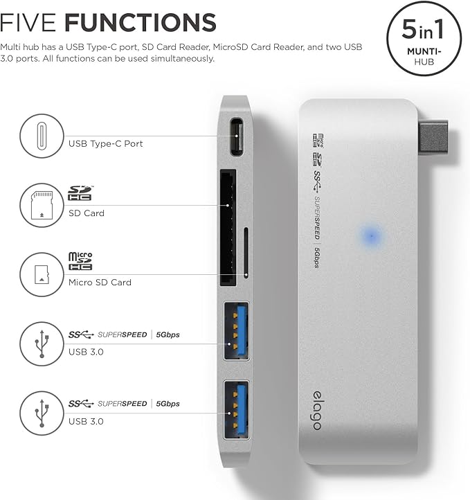 elago Aluminum Charging Multi Hub USB-C - [Power Delivery][Charging Multi Hub][5 Slots Data Transfer] - for All-New MacBook and Pro All USB-C Devices (Silver)