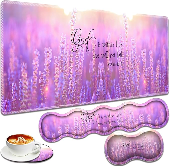 Large Gaming Mouse Pad + Keyboard Wrist Rest + Wrist Support + Coaster Set Memory Foam Ergonomic for Easy Typing XXL Extended Gaming Mouse Pad Table Pad - Quote Bible Verse Psalm 46:5