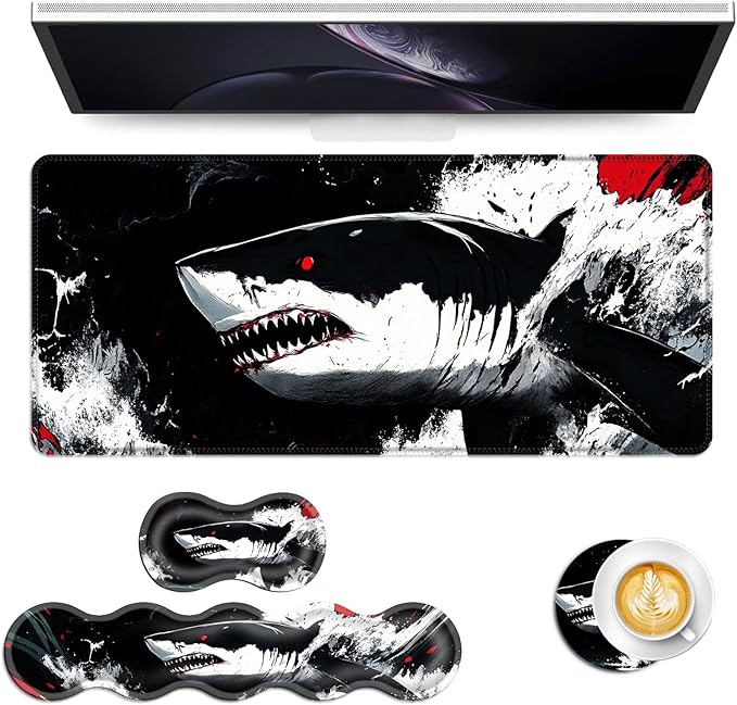 Keyboard Mouse Pad Set Extended Gaming Mouse Pad+Ergonomics Keyboard Wrist Rest Support Memory Foam Easy Typing Pain Relief 4Pcs XL Ultra Thick Desk MatGreat White Shark