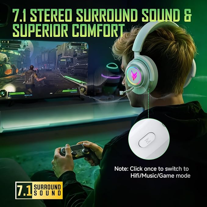 Wireless Gaming Headset for PS5 PS4 PC Switch Mac - 2.4GHz USB/Type-C &amp Bluetooth 5.4 RGB Headphones with 100H Battery 7.1 Surround Sound Noise Cancelling Mic &amp 3 Audio Modes (HiFi/Music/Gam