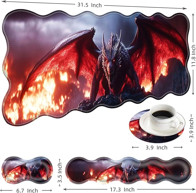 Large Mouse Pad and Keyboard Wrist Rest Desk Pad for Keyboard and Mouse 4-in-1 Large Gaming Mouse Pad with Wrist Support Desk Mat for Home Office Study Game-Dragon in Flames