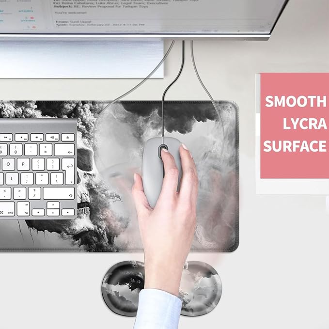 Mouse PadLarge Desk Mat Set 4in1 XL Mousepad + Keyboard Wrist Rest+Mouse Wrist Rest+Coaster with Ergonomic Desk Pad for Home Office Table Computer Cover -Smoky Skull Art