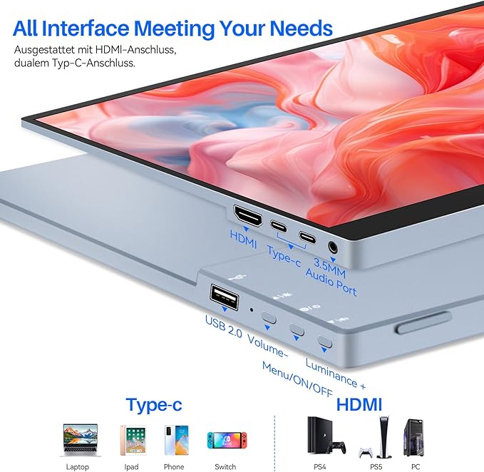 Touchscreen Portable Monitor 15.6 inch 1080P Ultra Slim and Lightweight Bezel Less FHD IPS HDR Gaming Monitor with Built-in Speakers and VESA for Laptop Mac PC PS4/5 Switch