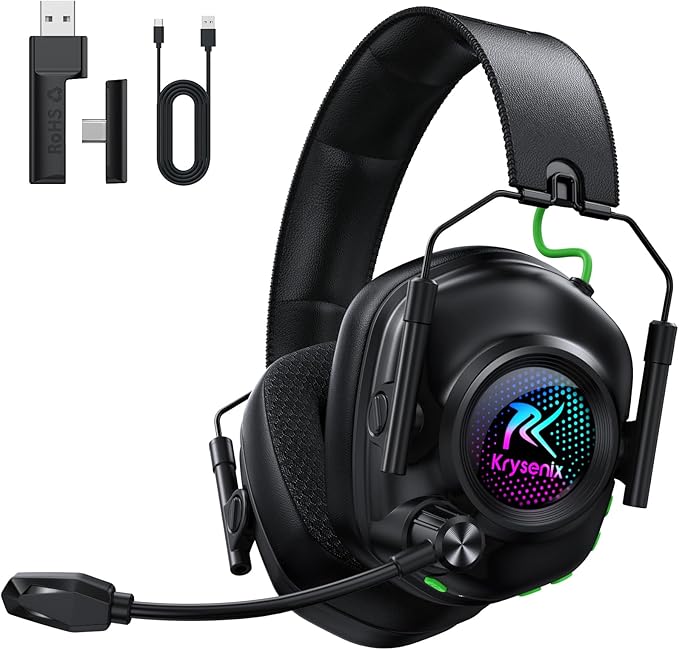 2.4 GHz Wireless Gaming Headset for PC PS5 PS4 Switch Mac Bluetooth 5.4 Gaming Headphones with Noise Canceling Microphone Cool RGB Lighting 50Hr Battery Foldable 50mm Drivers-Black