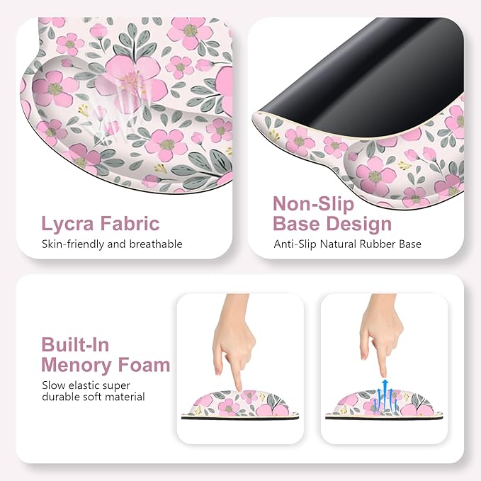 Floral Desk Mat 4in1 Large Mouse Pad with Wrist Rest Cute Desk Matt for Desktop Deskpad Mat Anti-Slip XXL Computer Ergonomic Mousepad with Wrist Support for Keyboard and Mouse I Pink Flowers