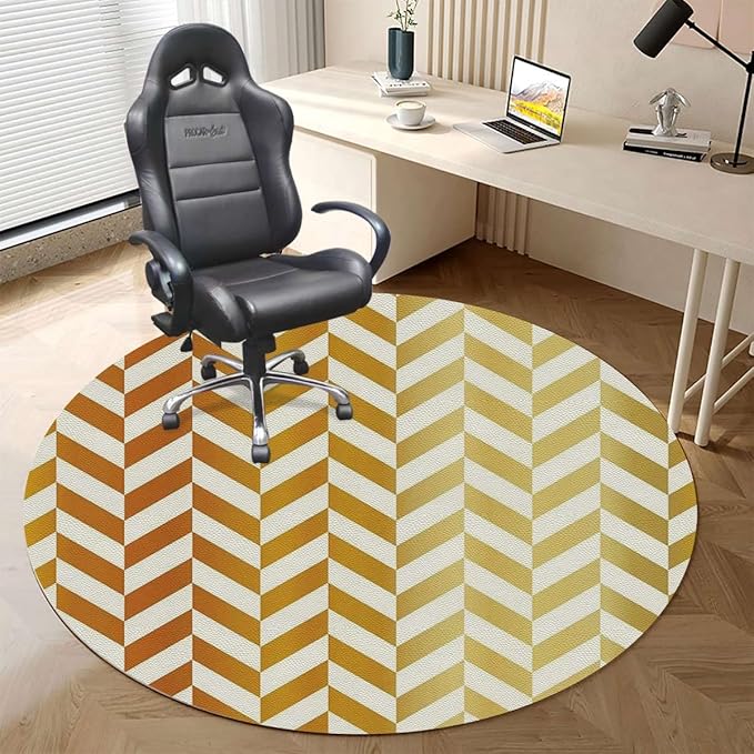 Yellow White PU Leather Office Chair Mat for Hardwood Floors Desk Carpet Retro Abstract Stripe of Triangles Geometry Anti-Slip Multi-Purpose Low Pile Computer Chair Mat Coral Diameter 55 in