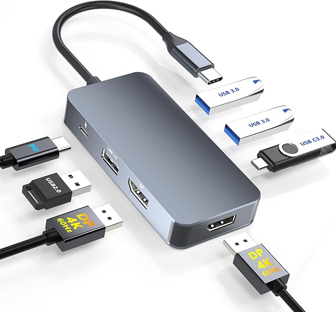 Display port Splitter for Dual Monitors Dual Display Port USB C Docking Station for Dell/HP/Mac Laptop 7 IN 1 4K@60Hz Docking Station Dual Monitor with USB3.0/USB-C Data/100W PD Displayport MST Hub