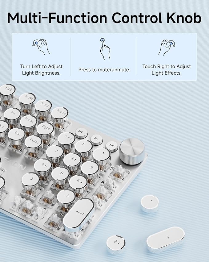 EWEADN Typewriter Style Mechanical Keyboard Wired Typewriter Keyboards104 Keys Backlit LED Metal Keyboards Media Control Knob Wired Computer Keyboard White Switch for Windows/Mac/PC-White