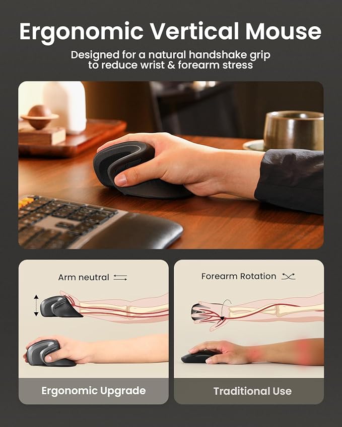 ProtoArc Ergonomic Mouse EM11 NL Bluetooth Rechargeable Wireless Vertical Mouse 3 Multi-Device Connectivity for Computer/PC/Laptop 2.4GHz USB-A Optical Mice for Windows Mac OS Gray