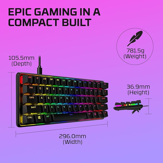 HyperX Alloy Origins 60 - Mechanical Gaming Keyboard - Ultra Compact 60% Form Factor - Tactile Aqua Switch - Double Shot PBT Keycaps - RGB LED Backlit - NGENUITY Software CompatibleBlack