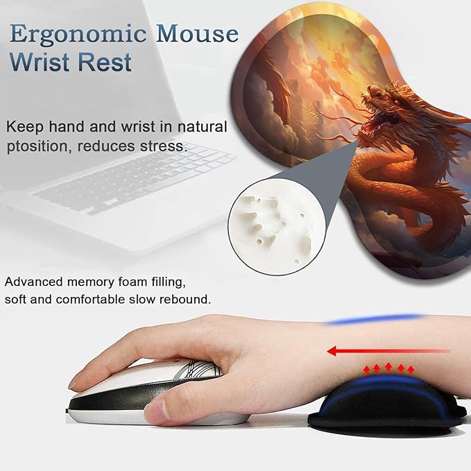 Large Gaming Mouse Pad + Wrist Rest + Lace Coaster Non-Slip Set with Sewn Edges and Waterproof Expandable Desktop Pad Suitable for Office/Home Golden Dragon