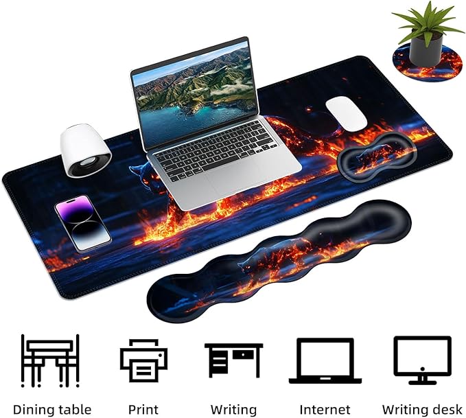 Keyboard Mouse Pad Set Extended Gaming Mouse Pad+Ergonomics Keyboard Wrist Rest Support Memory Foam Easy Typing Pain Relief 4Pcs XL Ultra Thick Desk MatGlowing Fire Leopard