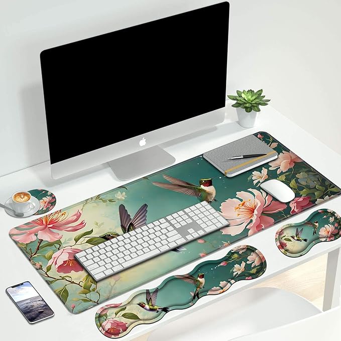4 in 1 Ergonomic Keyboard Wrist Rest &amp Mouse Pad Wrist Rest Set Large XXL Gaming Desk Mat 31.5x 11.8 with Non-Slip Base Memory Foam for Home Office Study Gaming Hummingbird Flowers