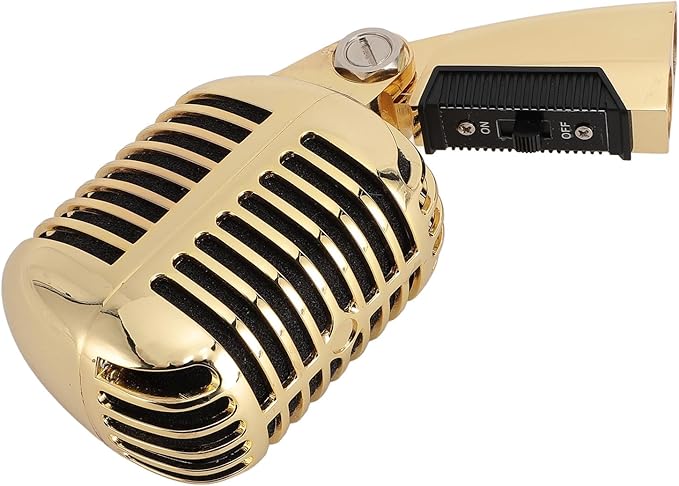 Vintage Classic Dynamic Microphone with Self Tensioning Rack for Retro Style Vocal Performances for Stage Singers and Musicians (Gold)