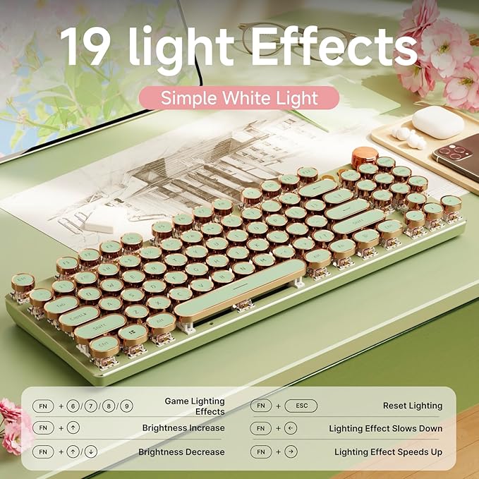 EWEADN V20 Green Typewriter Keyboard87 Keys Backlit Typewriter Style Mechanical Keyboards Media Control Knob Wired/BT5.0/2.4G Typewriter Style Computer Keyboards Pink Switch for Windows/Mac/PC