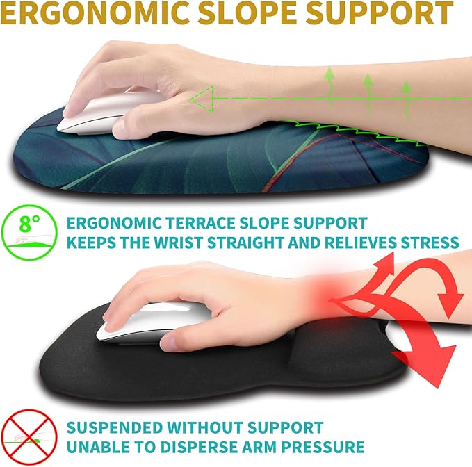 Hokafenle Ergonomic Mouse Pad Wrist Support with Stepped-Wedge Design Wrist Rest Pain Relief Mousepad Filled with Memory Foam Carpal Tunnel Mousepad for Wireless Mouse(12x8 inch Green Leaves)