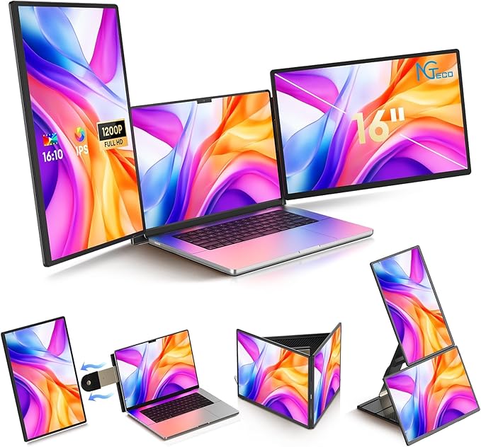 NGTeco 16 Triple Laptop Screen Extender 1200P IPS Extended Monitor Portable Plug &amp Play Rotation Detachable Screen Compatible with Windows/Mac/Chrome OS
