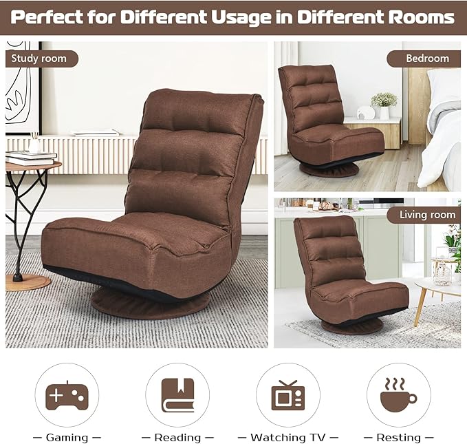 COSTWAY Folding Floor Chair Adjustable 5-Position Video Gaming Chair with 360 Degree Swivel Detachable Cover Padded Backrest Multipurpose Living Room Floor Lounger for TV Reading Playing Coffee