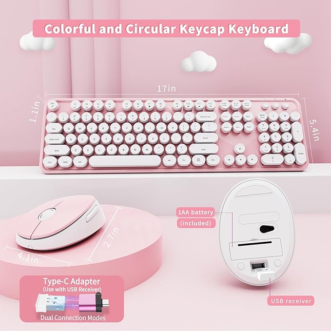 Wireless Keyboard and Mouse Combo Ergonomic Full Size Typewriter Retro Round Keycaps Keyboard Compatible with Windows PC Perfer for Home and Office Keyboards (Lovely Pink)