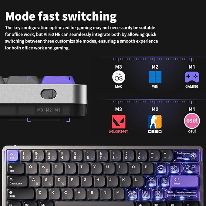 nuphy Air60 HE Wired Magnetic Gaming Keyboard61 Keys Rapid Trigger60% CompactActuation Point Adjustable 8K Hz Polling RateHall Effect Keyboard Low-Profile Magnetic Jade Switch