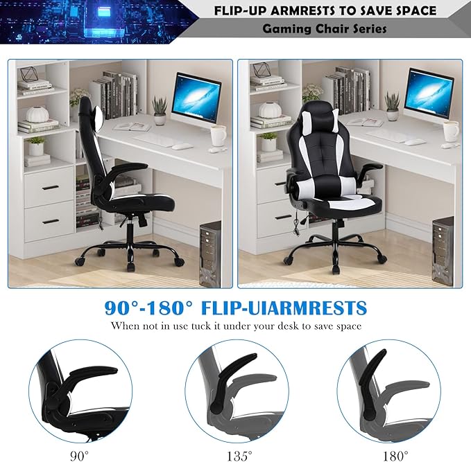 Massage Gaming Chair for Adults PC Silla Gamer Cheap Game Ergonomic Desk with Headrest Lumbar Support High Back Video Chairs Kids Ages 8-12 White 1