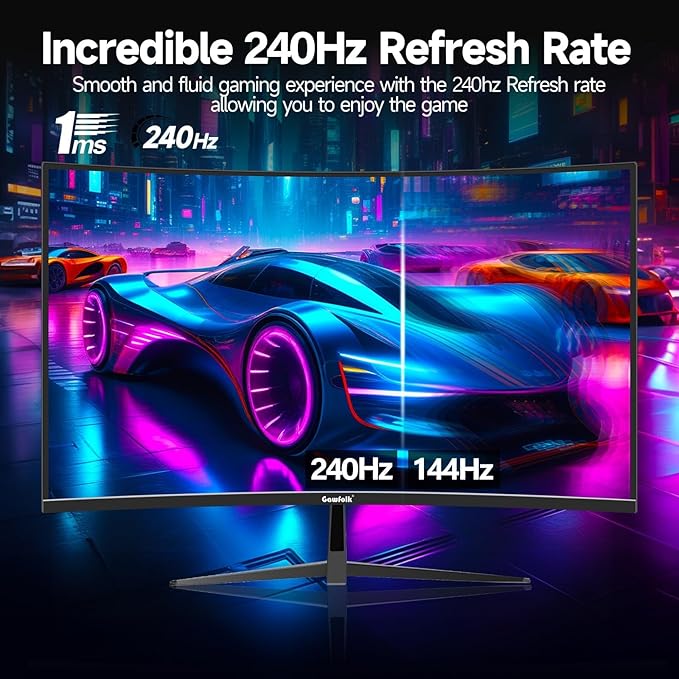 Gawfolk Curved 32 inch Gaming Monitor 240Hz PC Screen Full HD 1080P Frameless 1800R Curved Computer ScreenFreeSync178° Viewing AngleDisplay Port、HDMI 2.0Wall Mount Compatible 100x100MM-Black