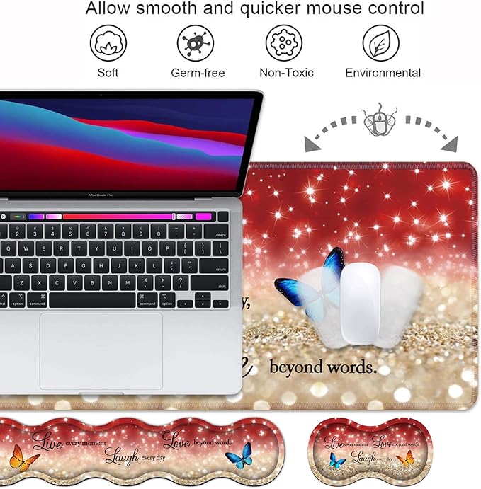 Ergonomic Keyboard Wrist Rest &amp Mouse Pad Wrist Rest SetLarge XXL Gaming Desk Mat 31.5x 11.8Non-Slip Base Memory FoamEasy Typing Pain Relief for Office &amp HomeRed Glitter Quote Live Laug
