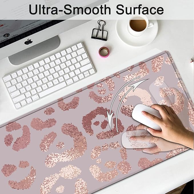 Large Mouse Pad Extended Gaming Mouse Pad 31.5x11.8 Ergonomic Memory Foam Keyboard Wrist Rest Supportfor Home Laptop Working Big Office Desk Pad with Non-Slip Base Rose Gold Leopard Pink Desk Mat