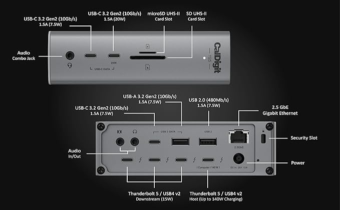 CalDigit TS5 - Thunderbolt 5 Dock - 15 Port 140W Dedicated Host Charging 80Gb/s Thunderbolt 5 x4 USB-C 10Gb/s x3 USB-A x2 2.5GbE Dual 8K@60Hz SD &amp microSD UHS-II 1m Braided Cable 240W PSU