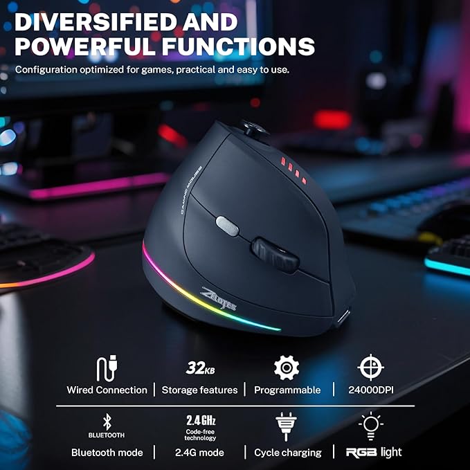 Gaming Mouse with 5 D Rocker Wireless Vertical Mouse with [24000 DPI] [12 Programmable Buttons] Computer Mouse for Gamer/PC/E-Sports/Laptop (Black)