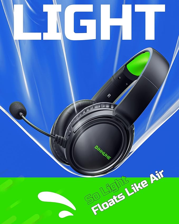 BINNUNE Wireless Gaming Headset — 2.4GHz Low-Latency USB Dongle + Bluetooth 50mm Drivers 7.1 Surround Noise-Cancelling Mic 40H Battery — Over Ear Wireless Headphones for PS5 PC Laptop Green