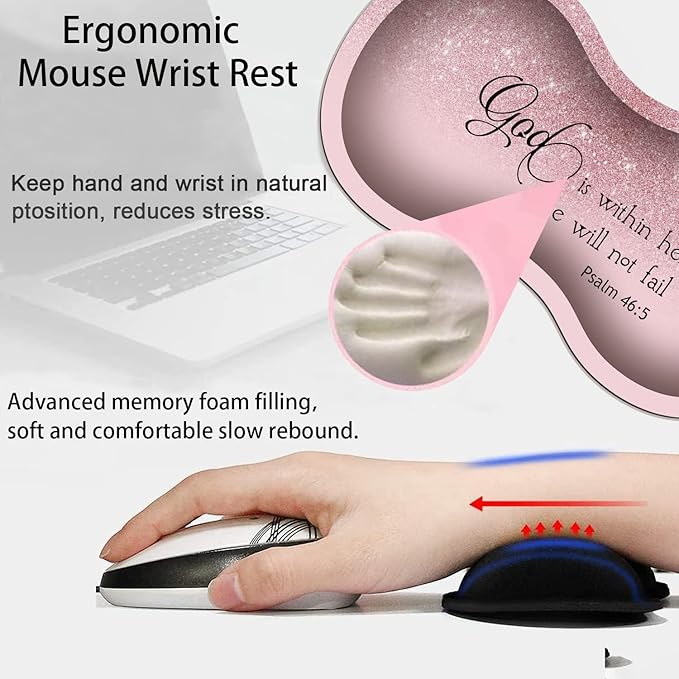 Large Gaming Mouse Pad + Mouse Wrist Rest Pad + Coaster Combination 31.5 x 11.8 Durable Non-Slip Extension Table Mat Suitable for Office and Home Bible Psalm 46-5