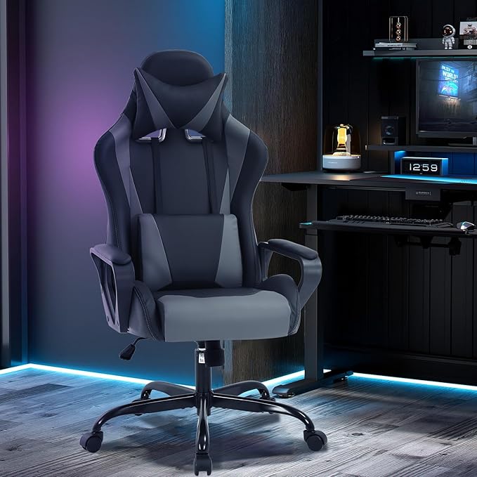 Gaming Chair High-Back Office Chair Ergonomic Video Game Chairs Height Adjustable Reclining Computer Chair with Lumbar Support Armrest Headrest Swivel Chair Game Chair for Adult Teen - Grey
