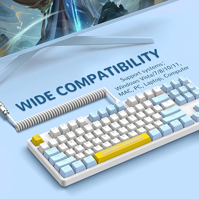 MAGIC-REFINER AK873 Gaming KeyboardRainbow Led BacklitHot-Swappable Blue SwitchPBT Keycap75% TKL LayoutErgonomic Mechanical Keyboard with Custom Coiled USB/Type-C Aviation Cable(Blue White)