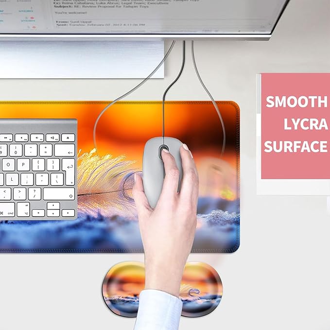 Mouse PadLarge Desk Mat Set 4in1 XL Mousepad + Keyboard Wrist Rest+Mouse Wrist Rest+Coaster with Ergonomic Desk Pad for Home Office Table Computer Cover -Feather at Sunrise