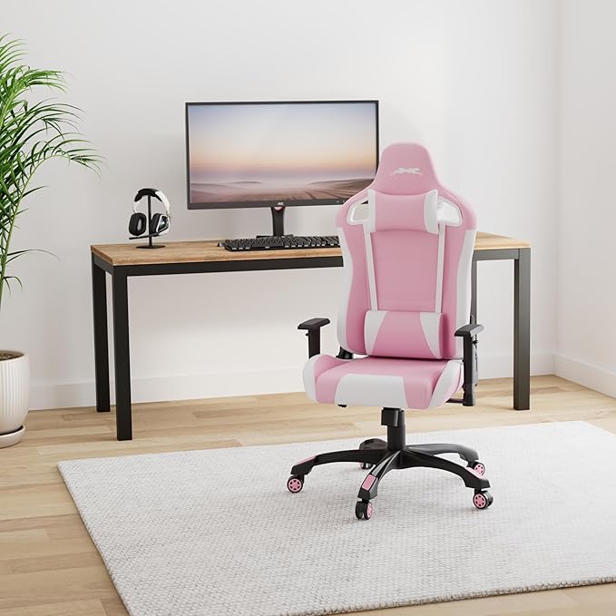 Leopard Gaming Chair High Back PU Leather Office Chair Adjustable Video Gaming Chairs Swivel Racing Chair with Adjustable Armrest (White/Pink)