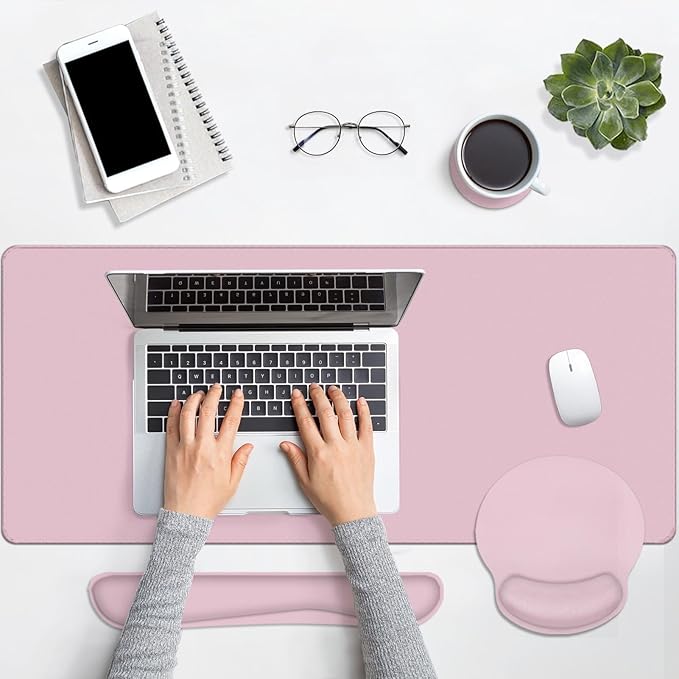 Britimes Pink Keyboard Mouse Pad Set Pink 4 in1 Large Mousepad+Keyboard Wrist Rest+Mouse Wrist Rest+Coaster Ergonomic Design for Home Office Computer 35.4x15.7Inches