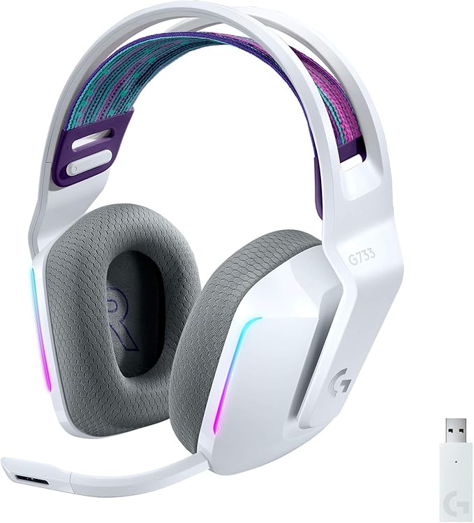 Logitech G733 Lightspeed Wireless Gaming Headset with Suspension Headband LIGHTSYNC RGB Blue VO!CE mic Technology and PRO-G Audio Drivers - White