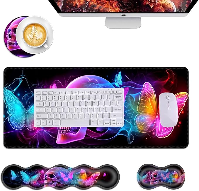 Mouse PadLarge Desk Mat Set 4in1 XL Mousepad + Keyboard Wrist Rest+Mouse Wrist Rest+Coaster with Ergonomic Desk Pad for Home Office Table Computer Cover -Neon Skull with Butterflies