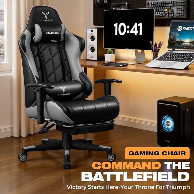 Gaming Chair with Footrest Ergonomic High-Back PU Leather Computer Chair with 3D Adjustable Armrests Headrest and Lumbar Support Office Desk Chair with Diamond Stitching for Adults &amp Teen