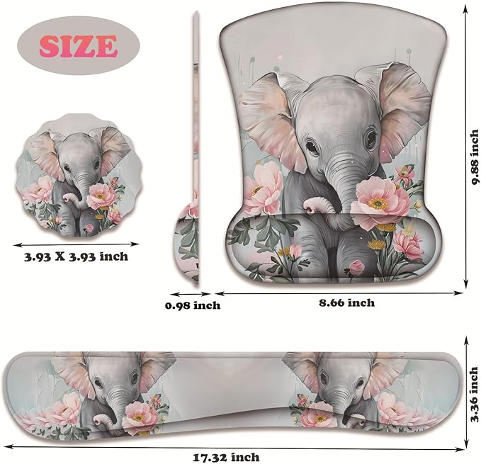 3 in 1 Keyboard Wrist Rest + Mouse Pad and Coaster Ergonomic Gel Mouse Pad and Keyboard Pad Set Comfortable Lightweight for Easy Typing Pain Relie Little Elephant Flower