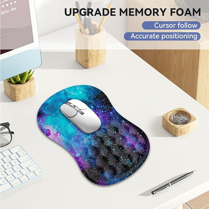 AIMSA Upgraded Wrist Rest Support Mouse Pad Ergonomic Mousepad Massage Memory Foam Design Pain Relief Comfortable Wrist Cushion Mat Non-Slip PU Base for Home Office Galaxy Nebula Universe