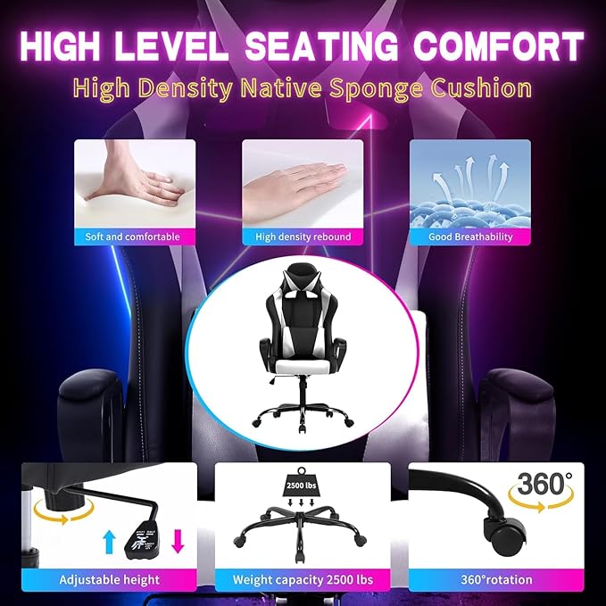 Bigacc Modern Ergonomic Gaming Chair Black Lumbar Support Flip Up Arms Headrest Heavy Duty 250 lbs Weight Limit