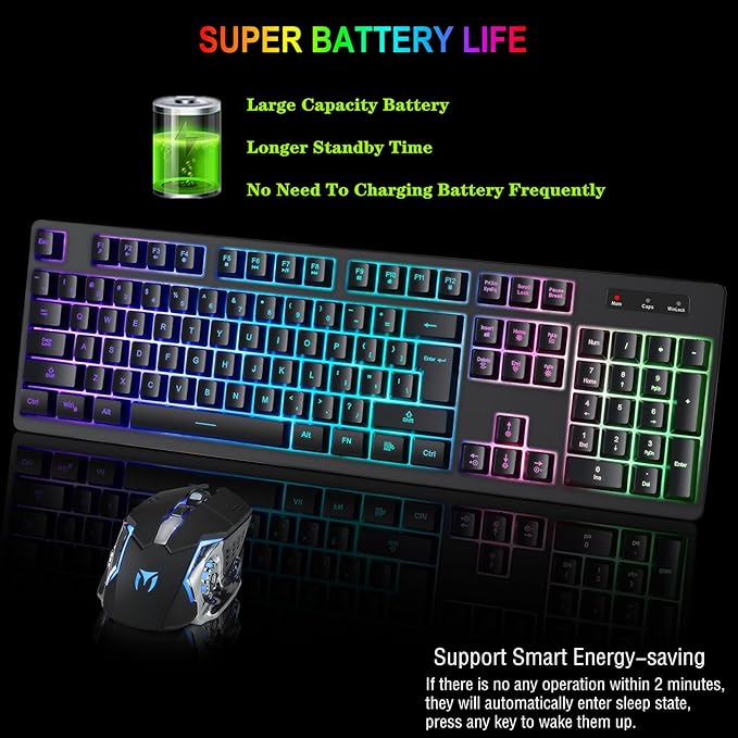 Wireless RGB Gaming Keyboard and Mouse - Rechargeable RGB BacklitLong Battery LifeMechanical Feel7 Color Gaming Mouse for PC Game and Work