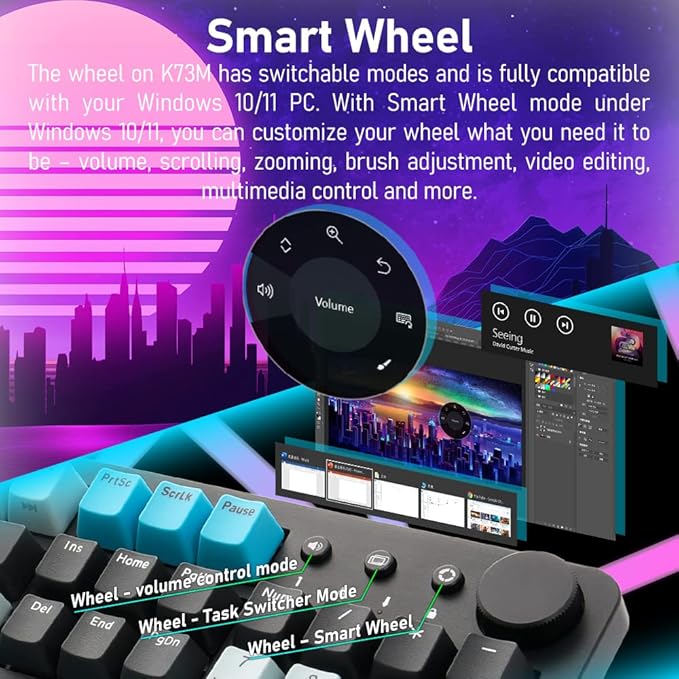i-rocks K73M Mechanical Gaming Keyboard with Media Control Knob 107 Keys PBT Keycaps Multimedia Hotkeys Detachable USB-C Cable (Cherry MX Brown Switches Cyberpunk Blue)