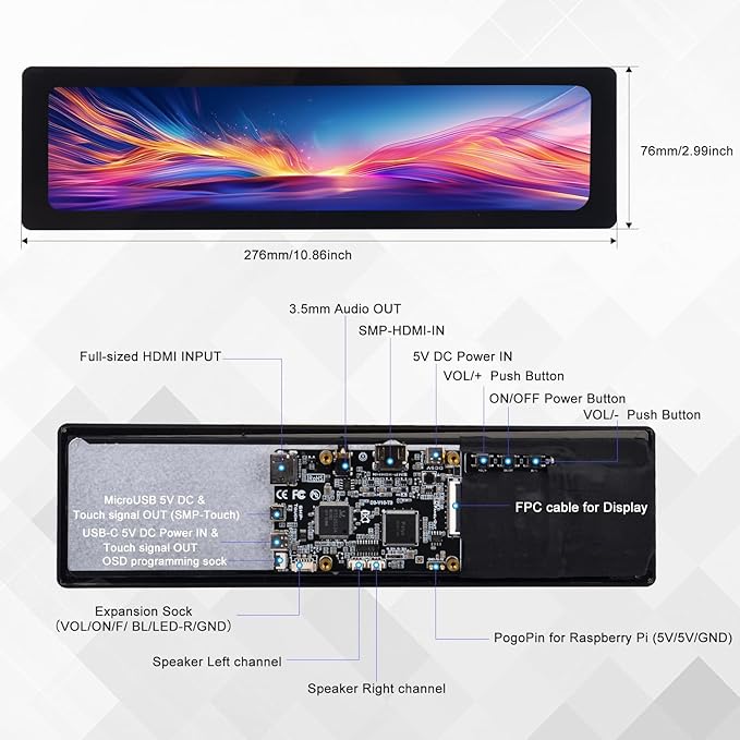 GeeekPi 11.26 inch 1920x440 HDMI LCD Capacitive Touch Screen for Raspberry Pi 5/4B/3B+/3B
