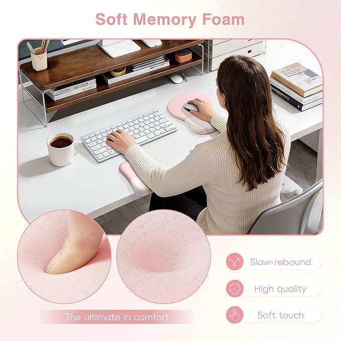 Ospelelf Mouse Pad with Wrist Rest Set Foam L-Shaped Desk Elbow Pad Ergonomic Desk Edge Cushion Anti-Slip Rubber Bottom Office Women Desk Accessories for Computer Laptop and Gaming Pink