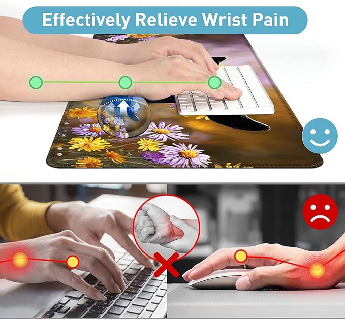 XL Extended Mouse Pad 31.5×11.8″ | Large Waterproof Desk Mat + Mouse Wrist Support | Ergonomic Gaming &amp Office Computer MousepadFloral Crown Black Goat