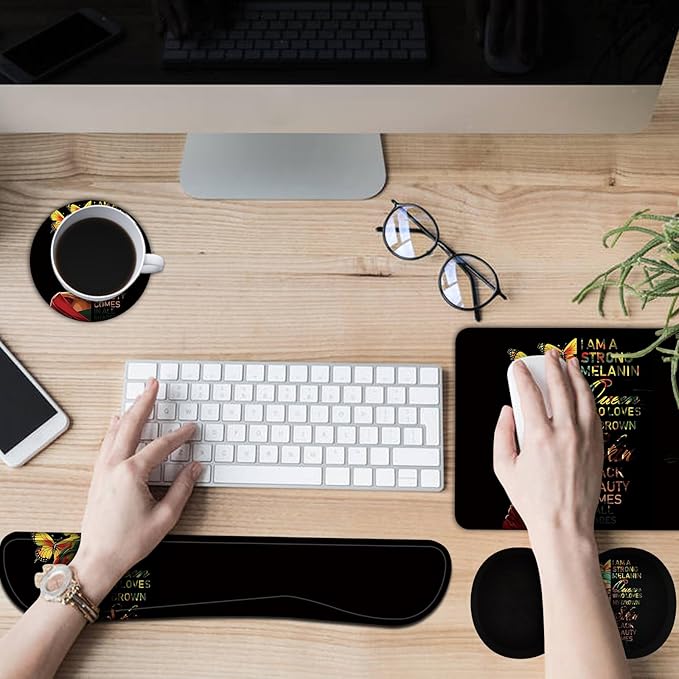 Keyboard Wrist Rest + Mouse Pad + Mouse Wrist Rest Support Set + Coaster Ergonomic Memory Foam Mouse and Keyboard Pad Set for Laptop Computer Office Home Working Gaming African Women Queen