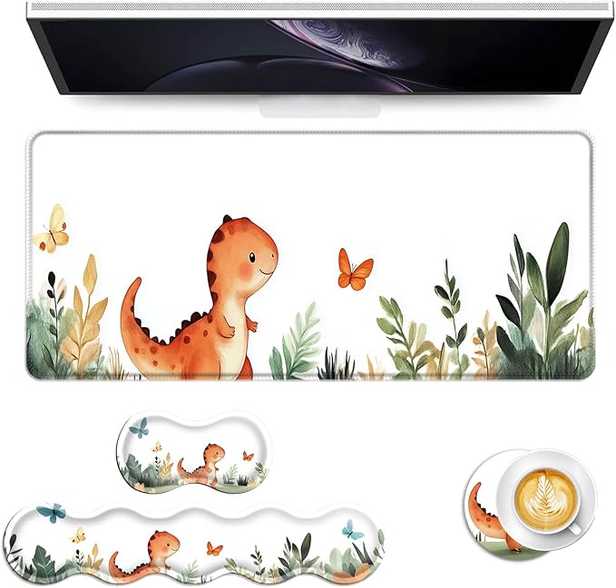 Keyboard Mouse Pad Set Extended Gaming Mouse Pad+Ergonomics Keyboard Wrist Rest Support Memory Foam Easy Typing Pain Relief 4Pcs XL Ultra Thick Desk MatCute Dinosaur Butterfly